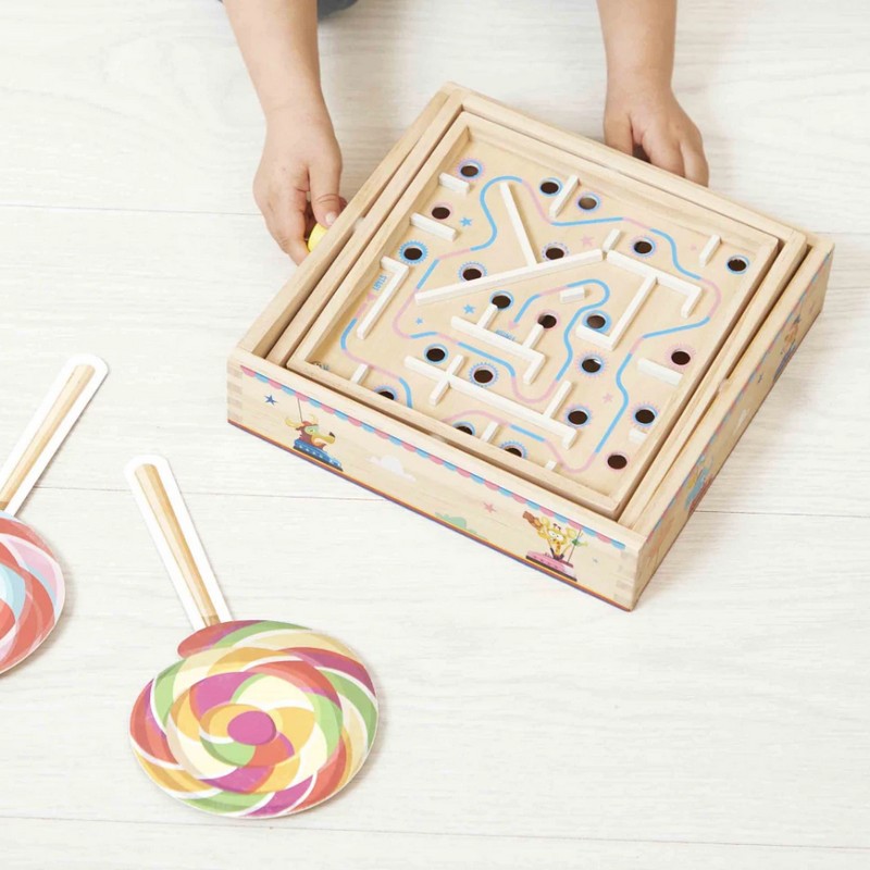 Labirinto in legno per bambini dai 5 anni con biglie in metallo, perfetto come gioco d'abilità, colorato con colori ad acqua